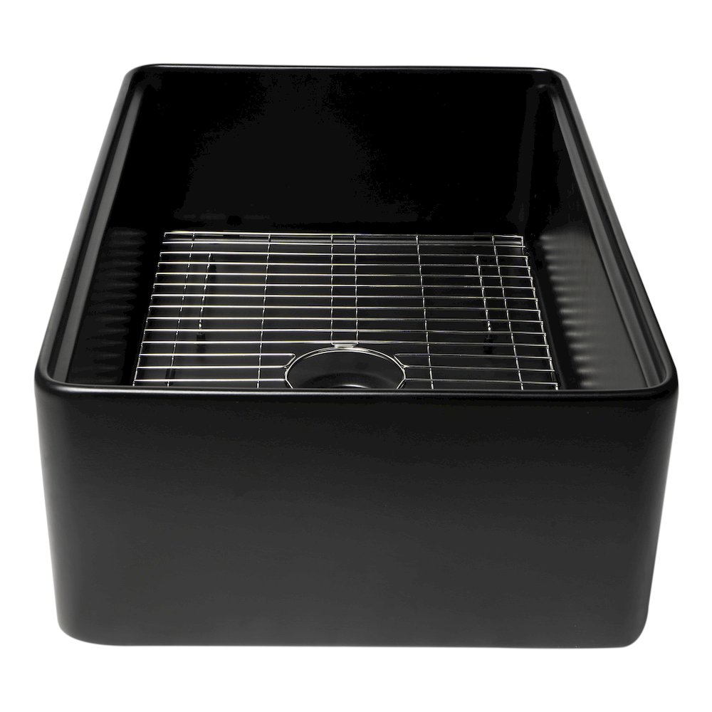 Black Matte Workstation 30" x 20" Single Bowl Step Rim Fireclay Farm Sink. Picture 6