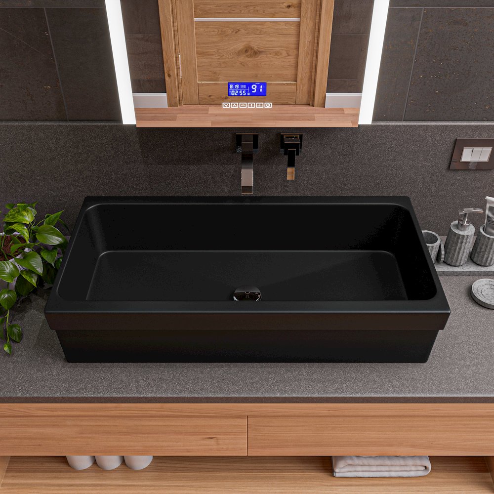 36" Black Matte Above Mount Fireclay Bathroom Trough Sink. Picture 4