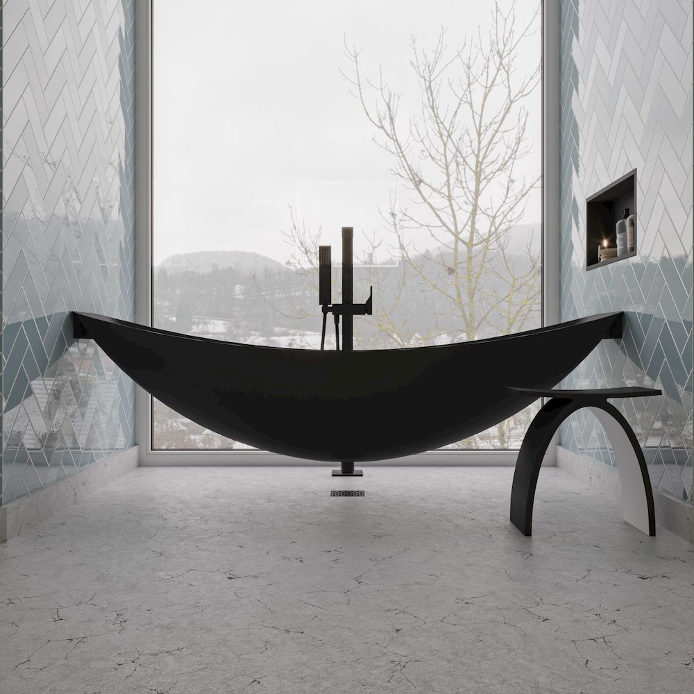 Black Matte 79" Acrylic Suspended Wall Mounted Hammock Bathtub. Picture 5