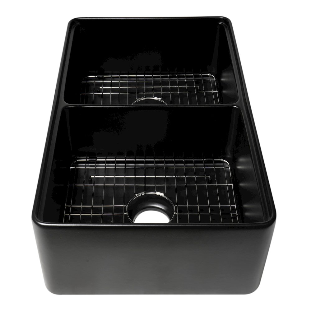 Black Matte Workstation 33" x 20" Double Bowl Step Rim Fireclay Farm Sink. Picture 7