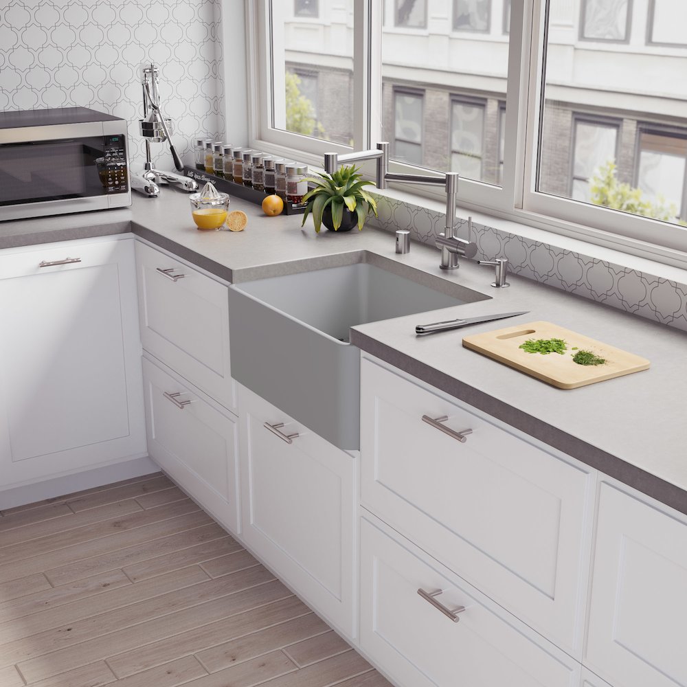 Gray Matte Smooth Apron 24" x 18" Single Bowl Fireclay Farm Sink. Picture 4