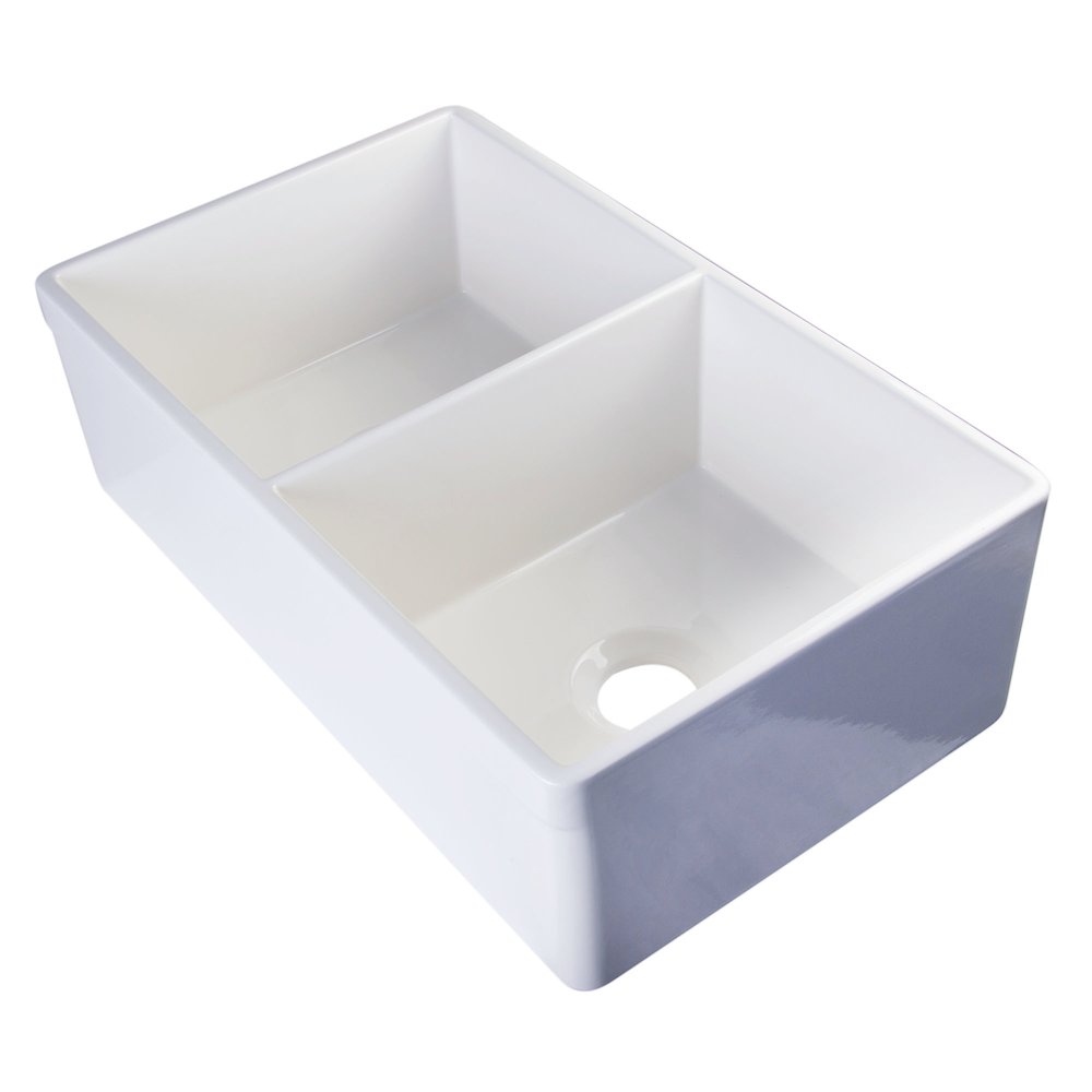 White 32" Decorative Lip Apron Double Bowl Fireclay Farmhouse Kitchen Sink. Picture 1
