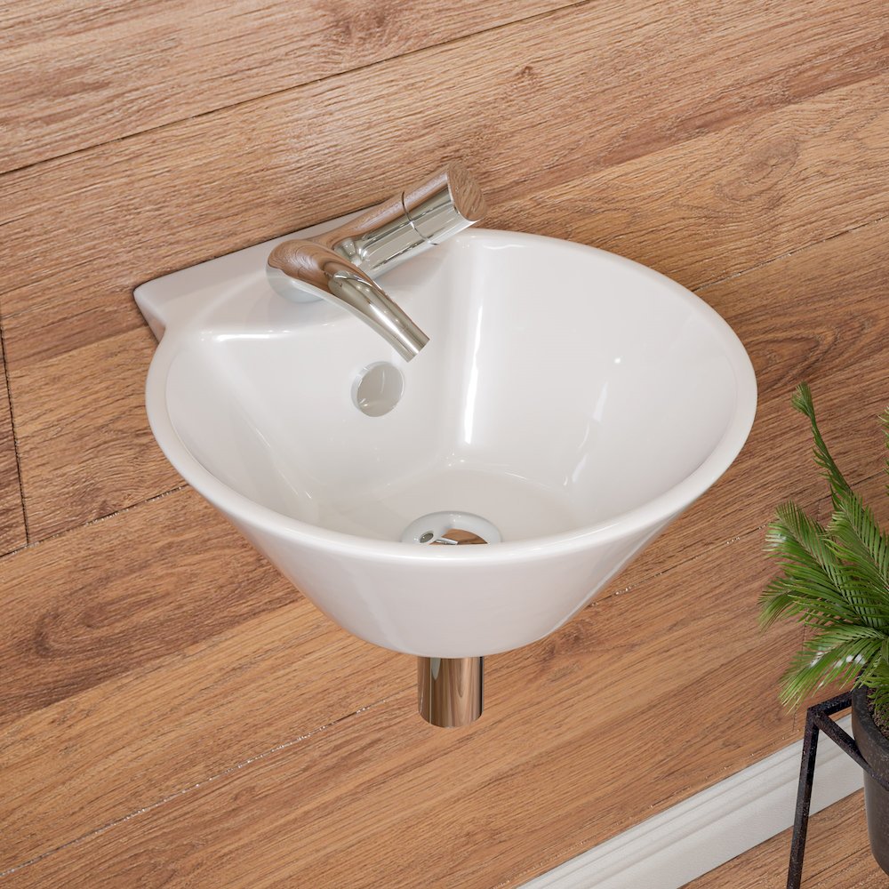 White 17" Round Wall Mounted Ceramic Sink with Faucet Hole. Picture 2
