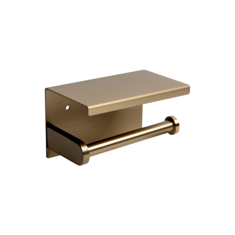 ALFI brand Brushed Gold PVD Stainless Steel Toilet Paper Holder with Shelf. Picture 3