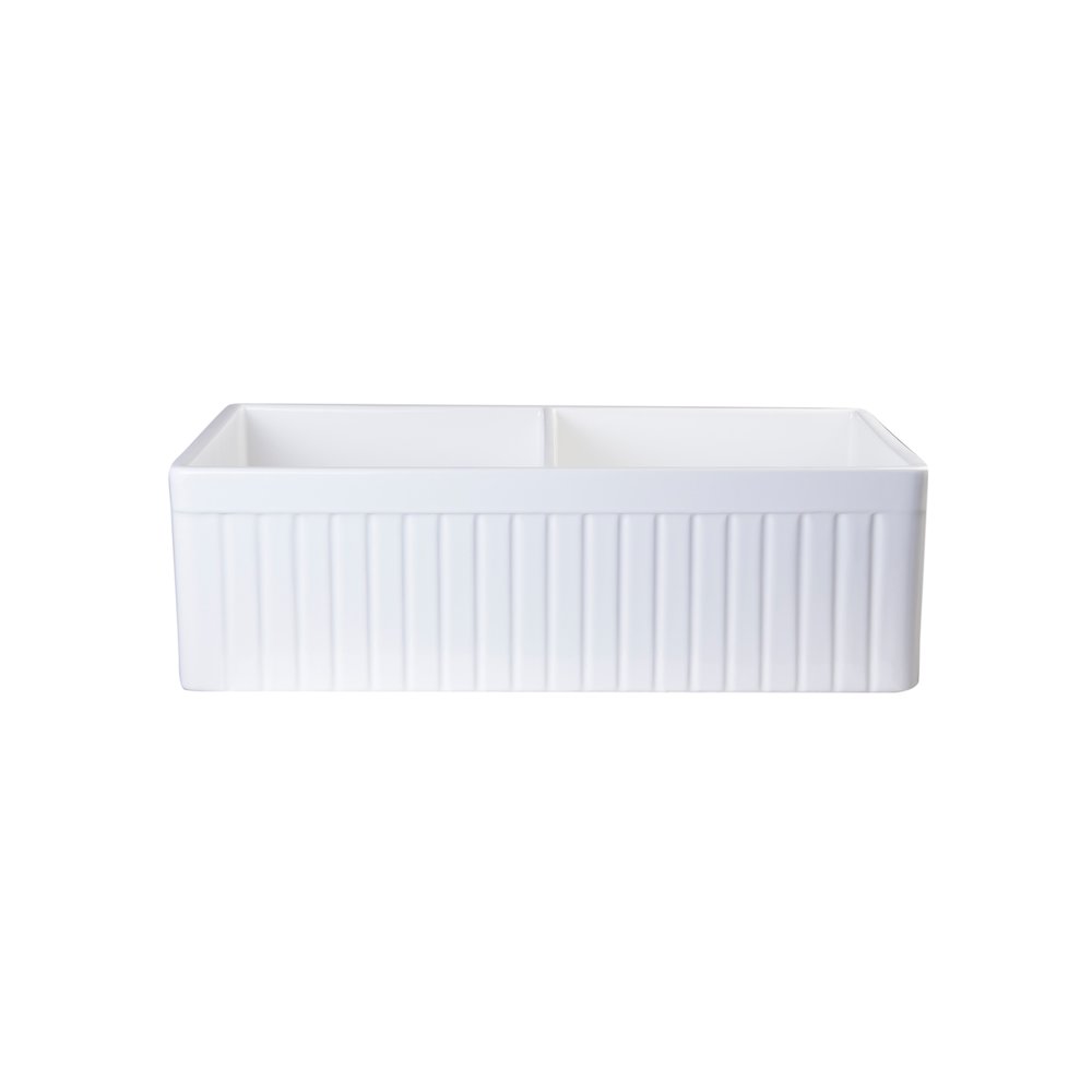 White 32" Fluted Apron Double Bowl Fireclay Farmhouse Kitchen Sink. Picture 6