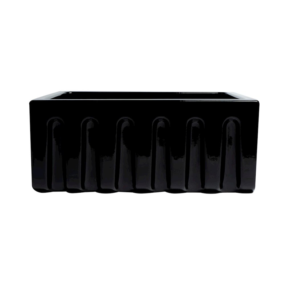 24" Black Gloss Reversible Smooth / Fluted Single Bowl Fireclay Farm Sink. Picture 3