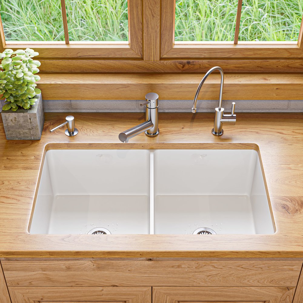White 32" x 19" Double Bowl Fireclay Undermount / Drop In Kitchen Sink w Grid. Picture 3