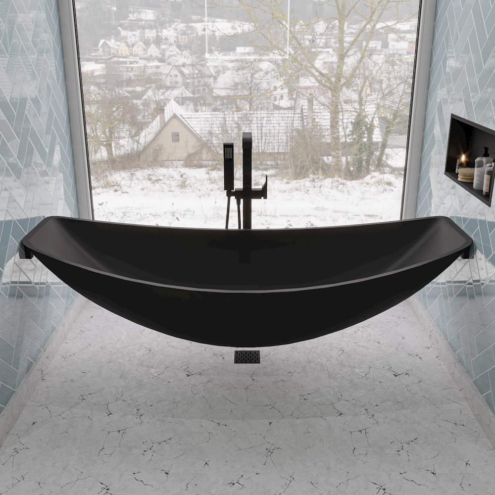 Black Matte 79" Acrylic Suspended Wall Mounted Hammock Bathtub. Picture 1