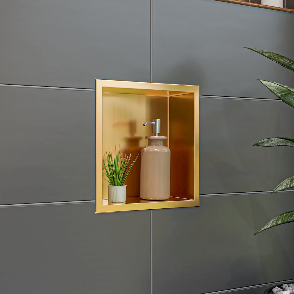 12" x 12" Brushed Gold PVD Stainless Steel Square Single Shelf Shower Niche. Picture 2