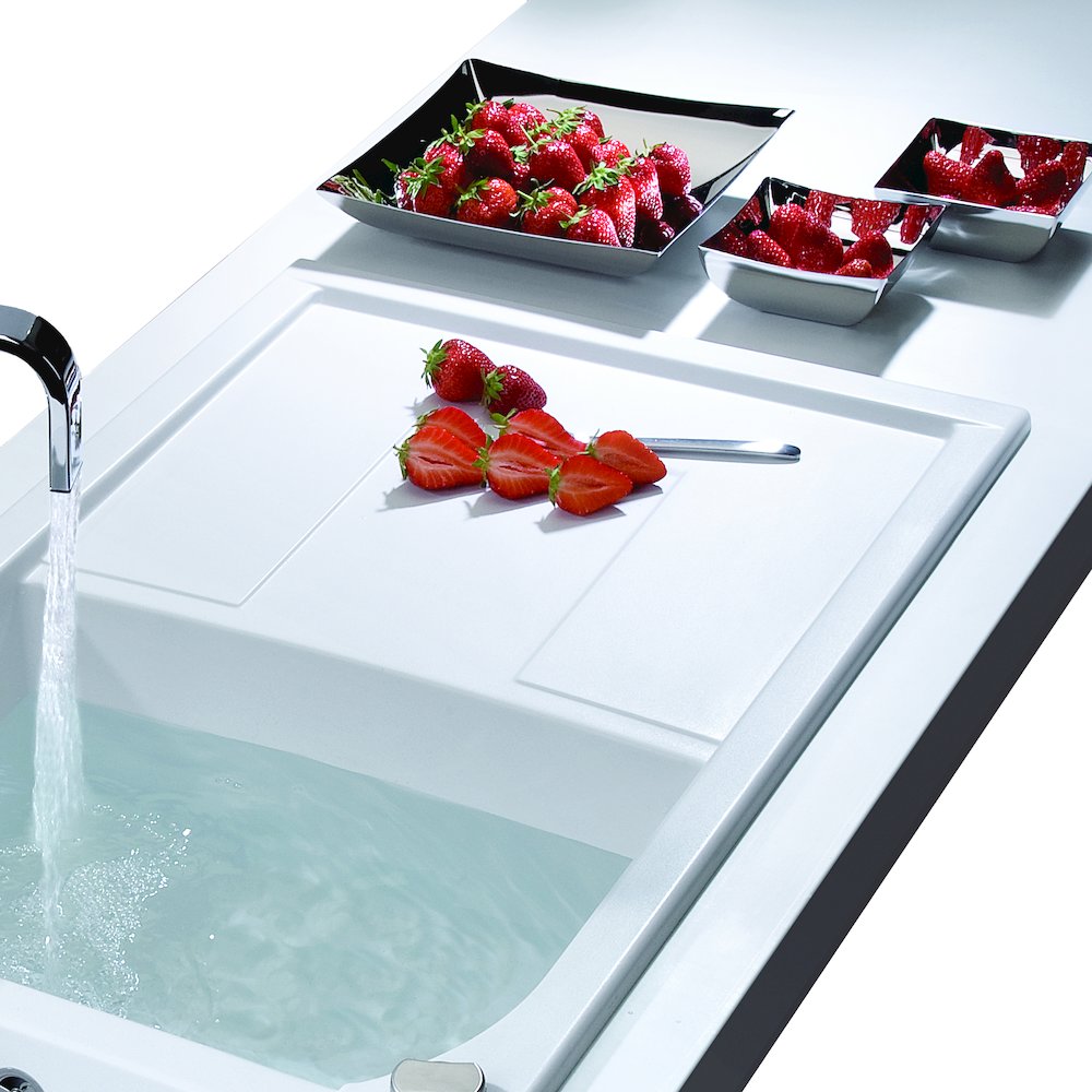 White 34" Single Bowl Granite Composite Kitchen Sink with Drainboard. Picture 5
