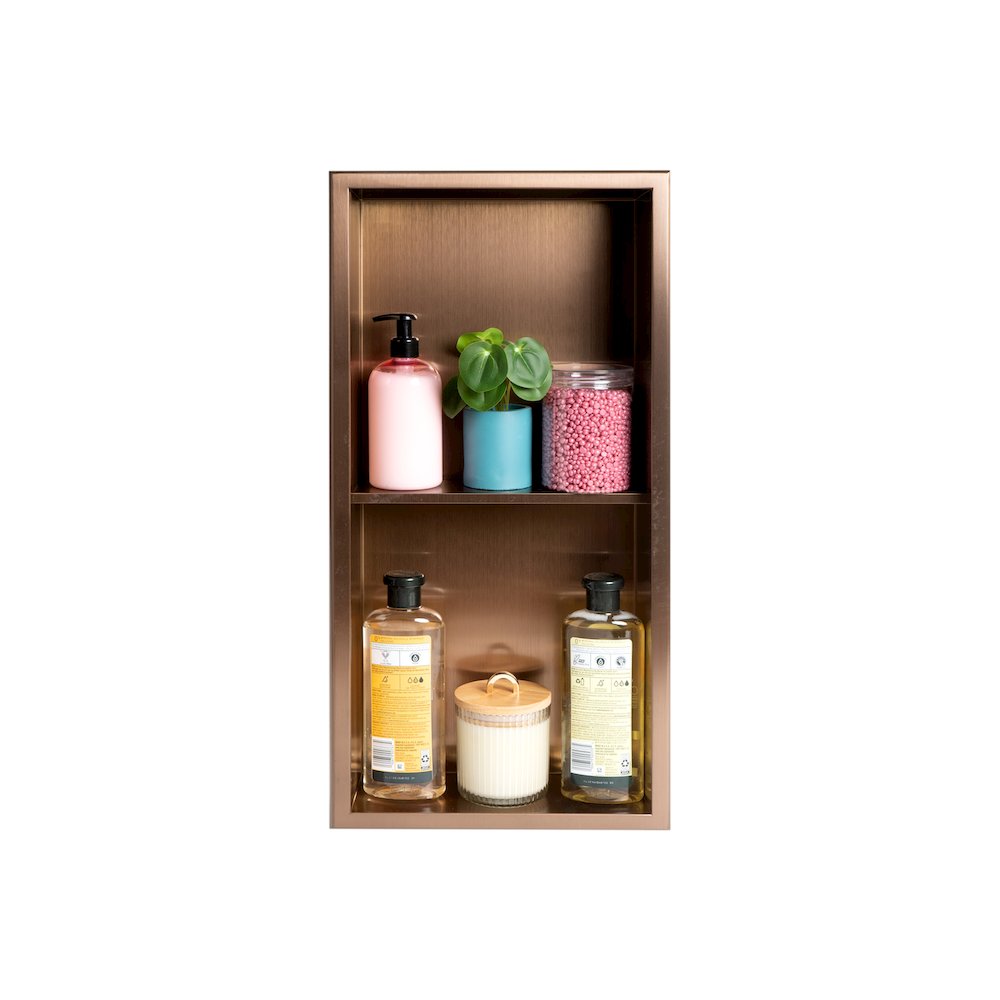 Brushed Copper PVD Stainless Steel Vertical Double Shelf Shower Niche. Picture 8