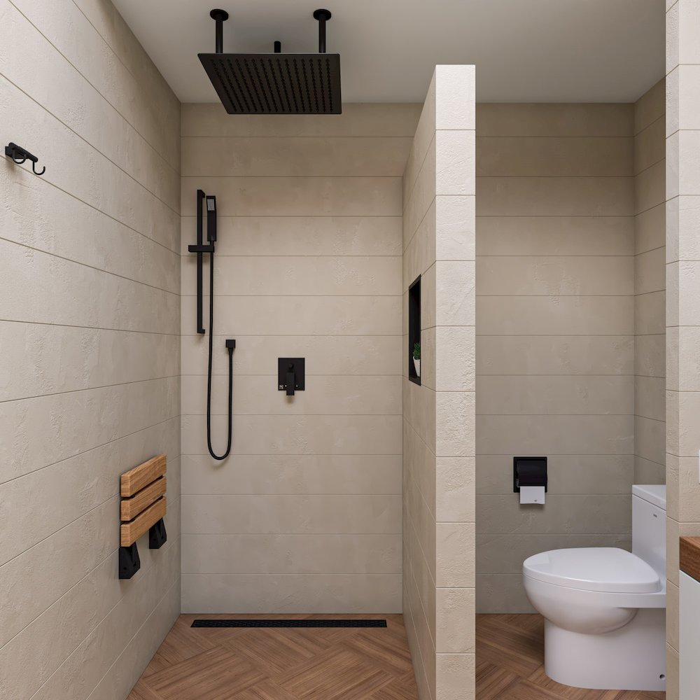 Black Matte 16" Wide Foldable Teak Shower Seat with Square Hardware. Picture 7