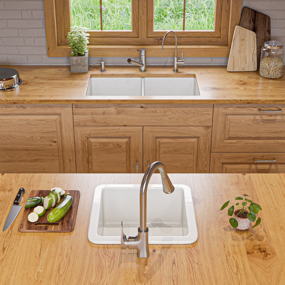 White 32" x 19" Double Bowl Fireclay Undermount / Drop In Kitchen Sink w Grid. Picture 8