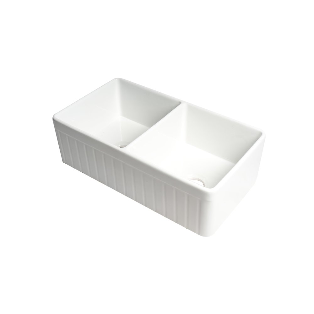 White Smooth Apron 33" x 18" Double Bowl Fireclay Farm Sink. Picture 1