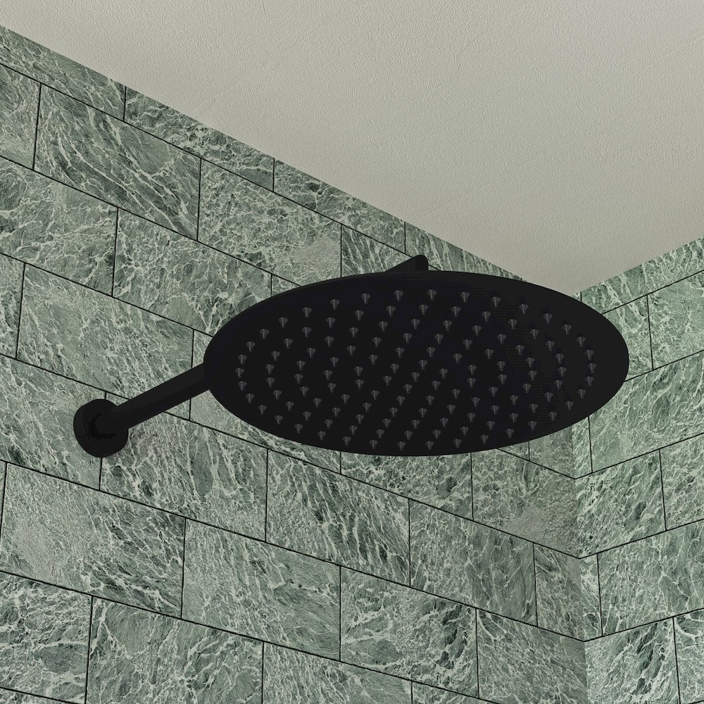 Black Matte 16" Round Wall Shower Arm. Picture 6