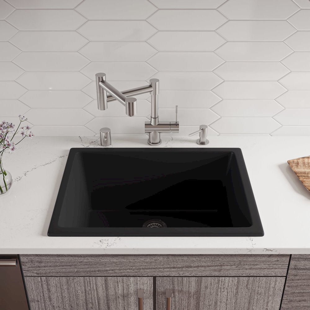Black Matte 24" x 18" Fireclay Undermount / Drop In Fireclay Kitchen Sink. Picture 3