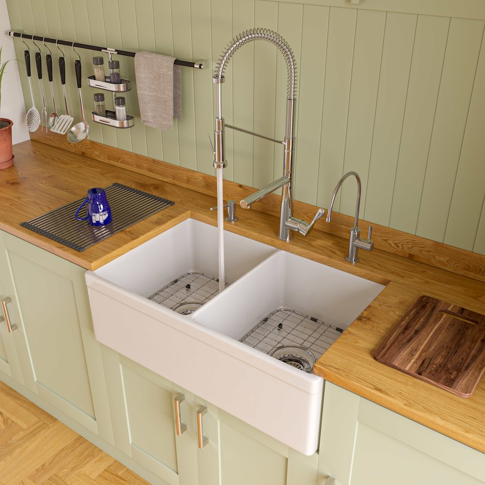 White 32" Decorative Lip Apron Double Bowl Fireclay Farmhouse Kitchen Sink. Picture 2