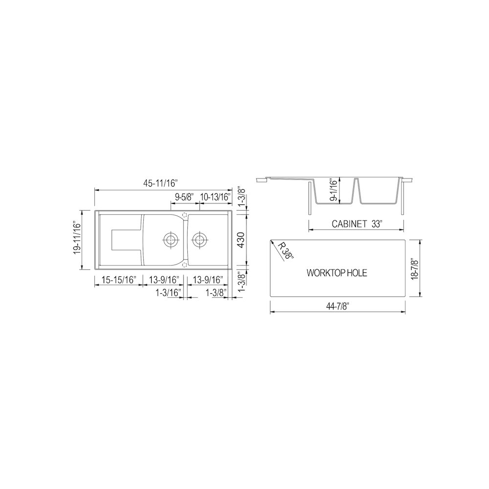 White 46" Double Bowl Granite Composite Kitchen Sink with Drainboard. Picture 9