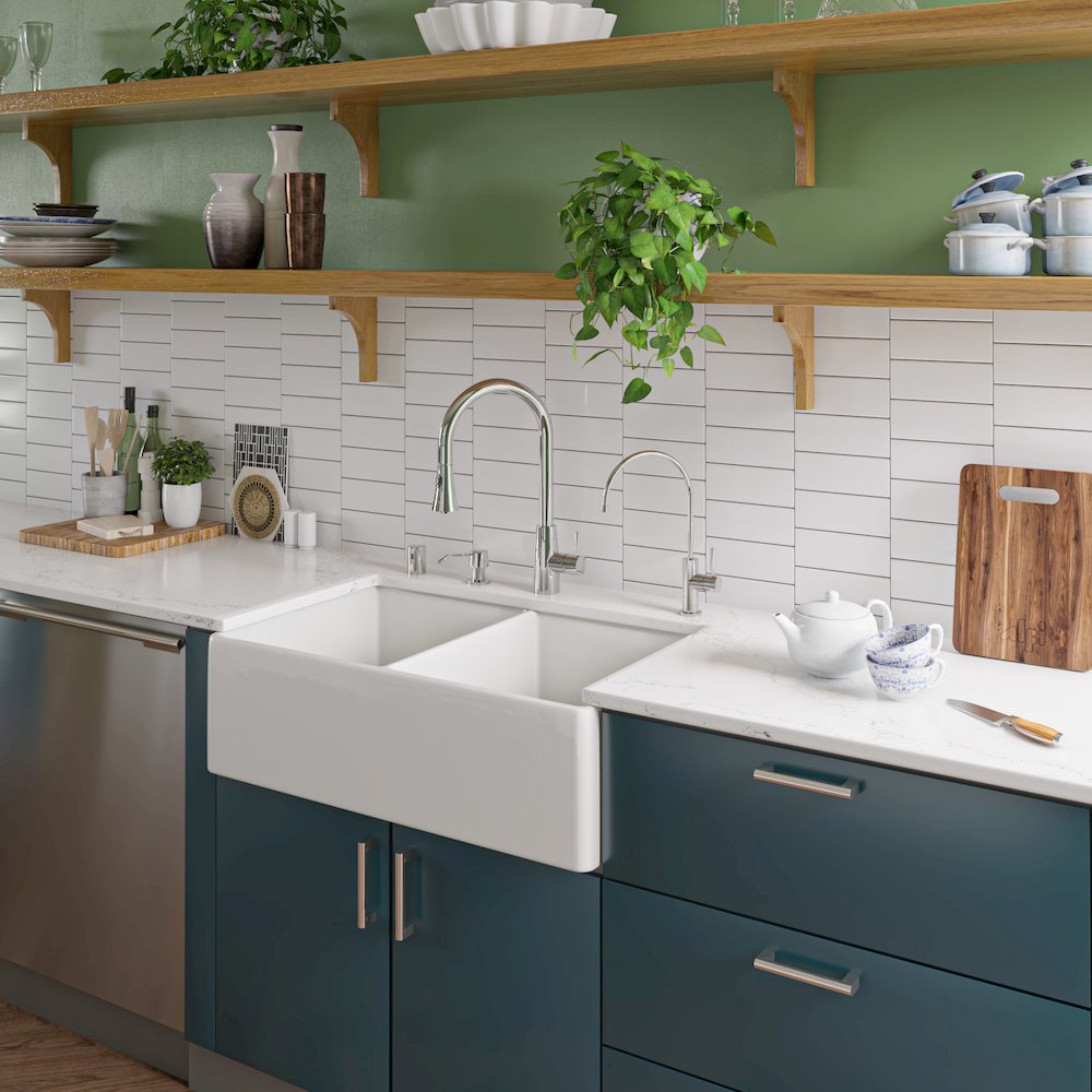 White 32" Smooth Apron Double Bowl Fireclay Farmhouse Kitchen Sink. Picture 4