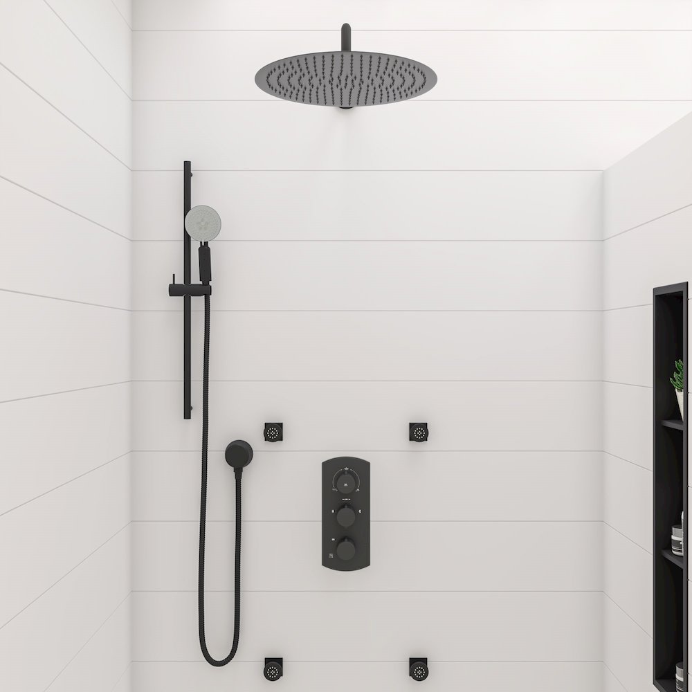 Black Matte 3-Way Thermostatic Valve Shower Mixer Round Knobs. Picture 8