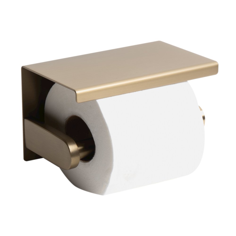 ALFI brand Brushed Gold PVD Stainless Steel Toilet Paper Holder with Shelf. Picture 1
