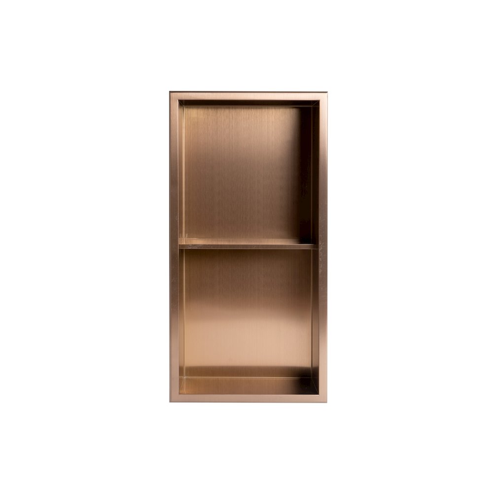 Brushed Copper PVD Stainless Steel Vertical Double Shelf Shower Niche. Picture 1