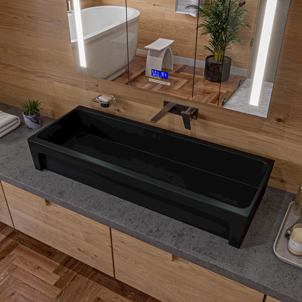 48" Black Matte Above Mount Fireclay Bathroom Trough Sink. Picture 2