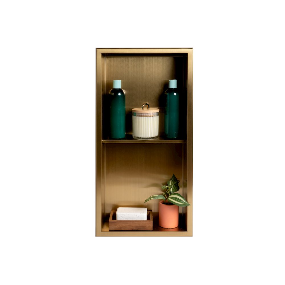 12" x 24" Brushed Gold PVD Stainless Steel Vertical Double Shelf Shower Niche. Picture 5