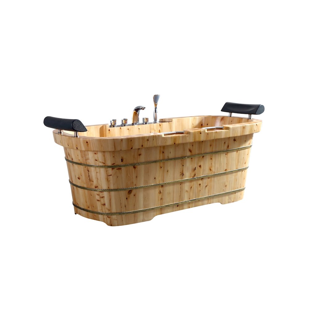 65" 2 Person Free Standing Cedar Wooden Bathtub with Fixtures & Headrests. Picture 1