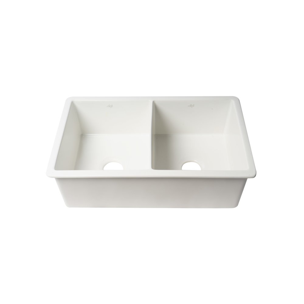 White 32" x 19" Double Bowl Fireclay Undermount / Drop In Kitchen Sink w Grid. Picture 6