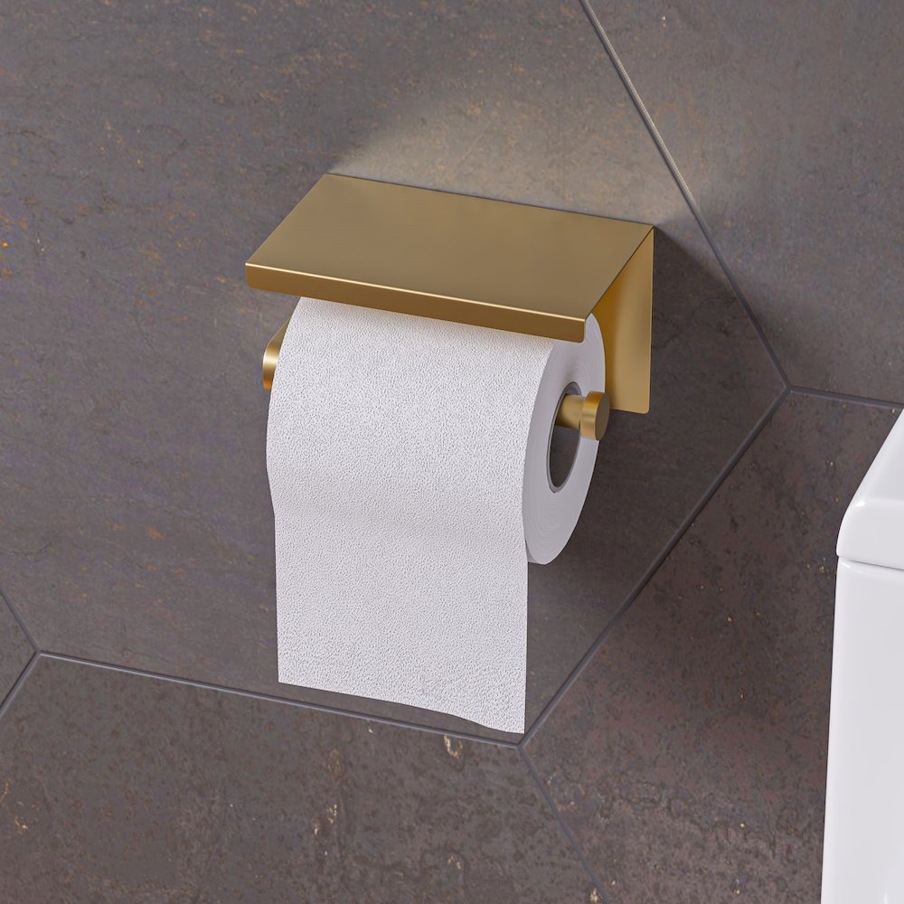 ALFI brand Brushed Gold PVD Stainless Steel Toilet Paper Holder with Shelf. Picture 2