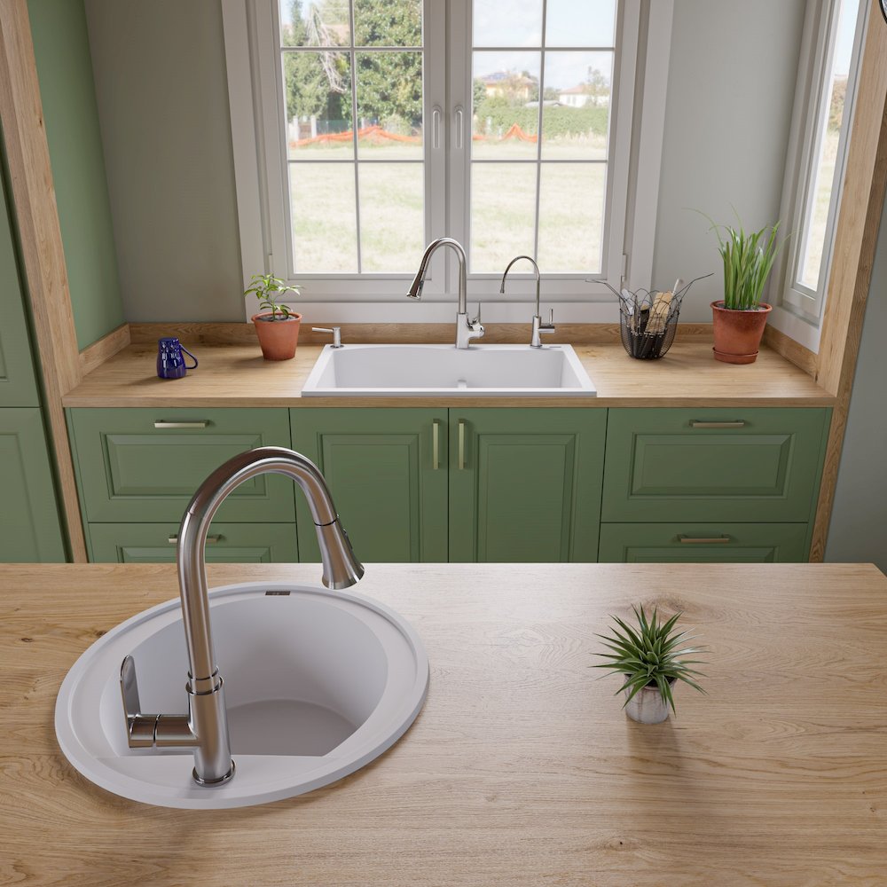 White 33" Double Bowl Drop In Granite Composite Kitchen Sink. Picture 9