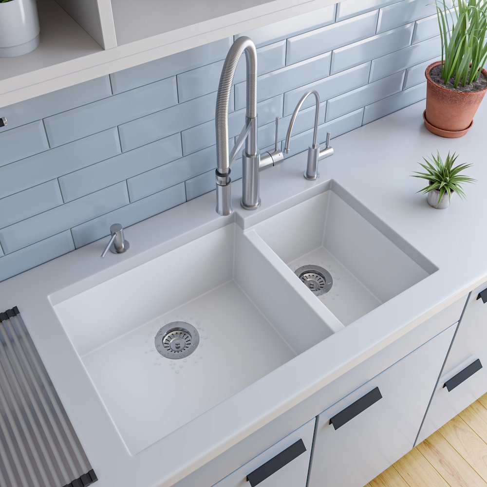 White 34" Double Bowl Undermount Granite Composite Kitchen Sink. Picture 5