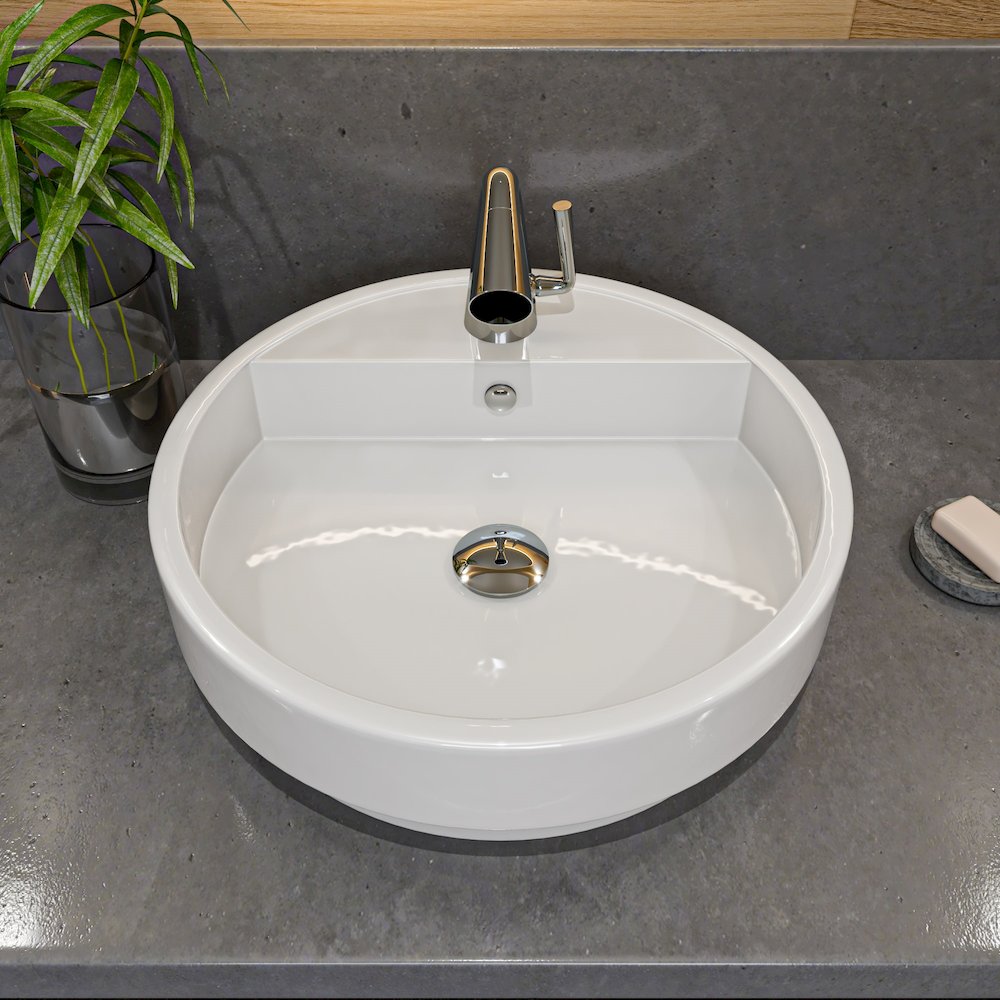 White 19" Round Semi Recessed Ceramic Sink with Faucet Hole. Picture 3