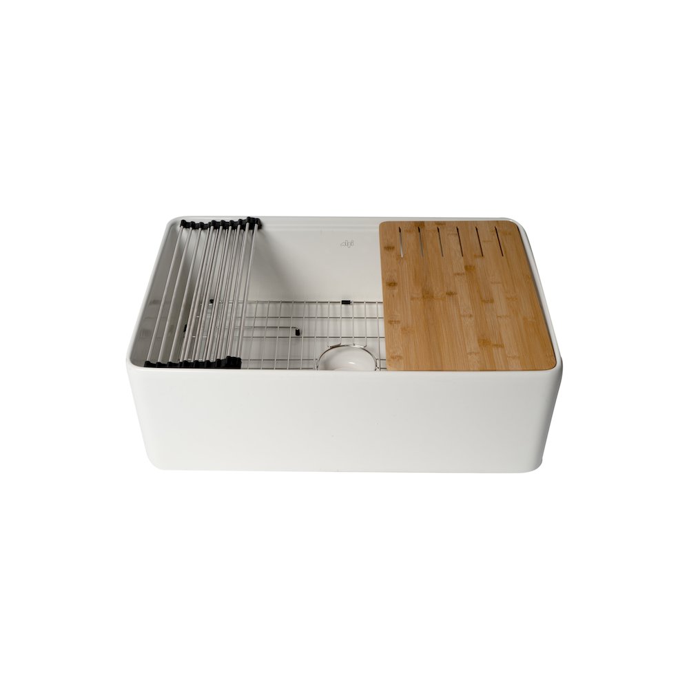 White Smooth Apron Workstation 30" x 20" Single Bowl Step Rim Fireclay Farm Sink. Picture 3
