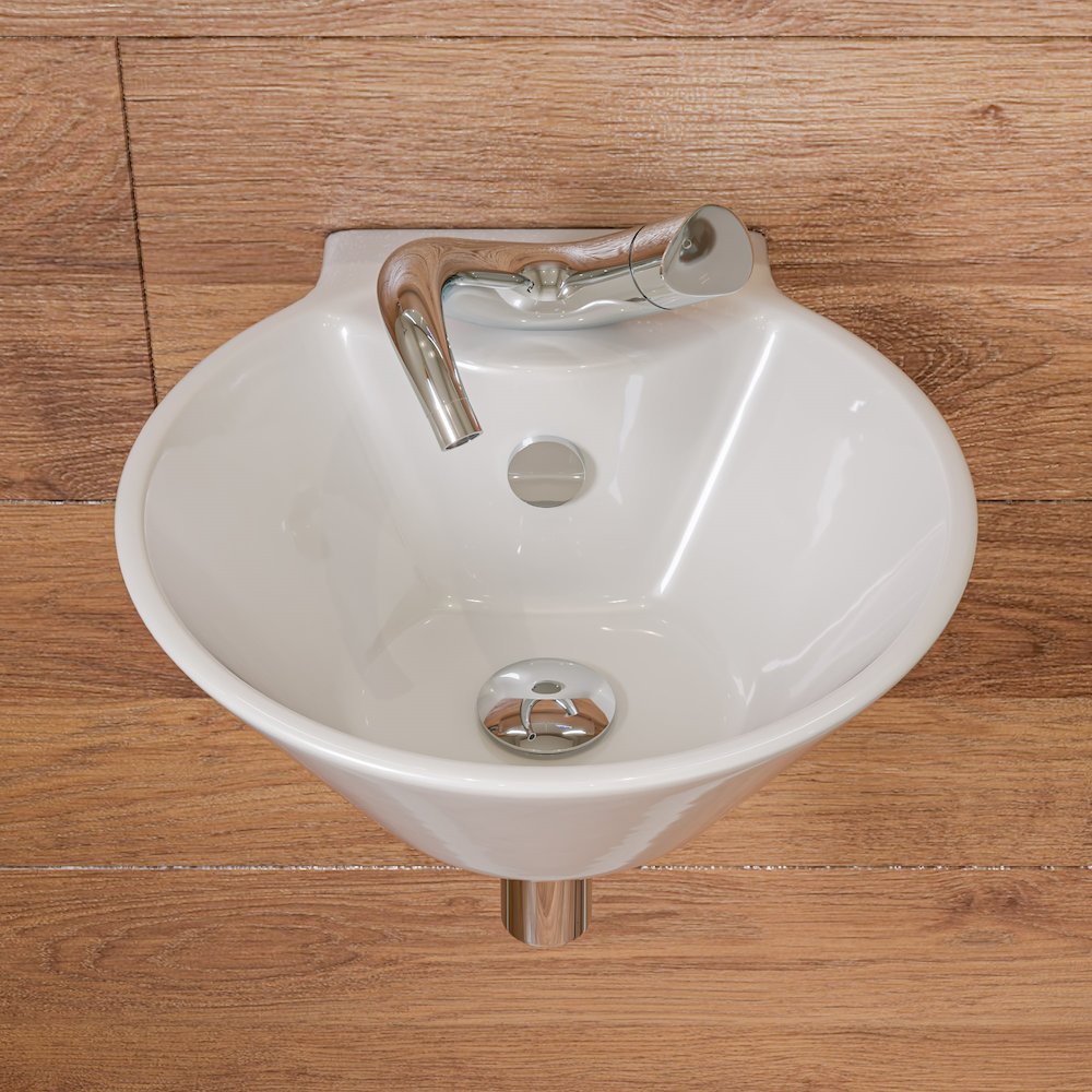 White 17" Round Wall Mounted Ceramic Sink with Faucet Hole. Picture 3