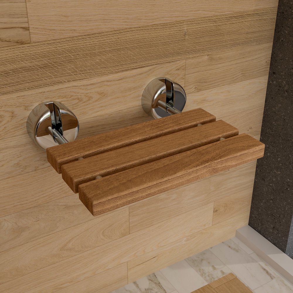 Polished Chrome 16" Folding Teak Wood Shower Seat Bench. Picture 2