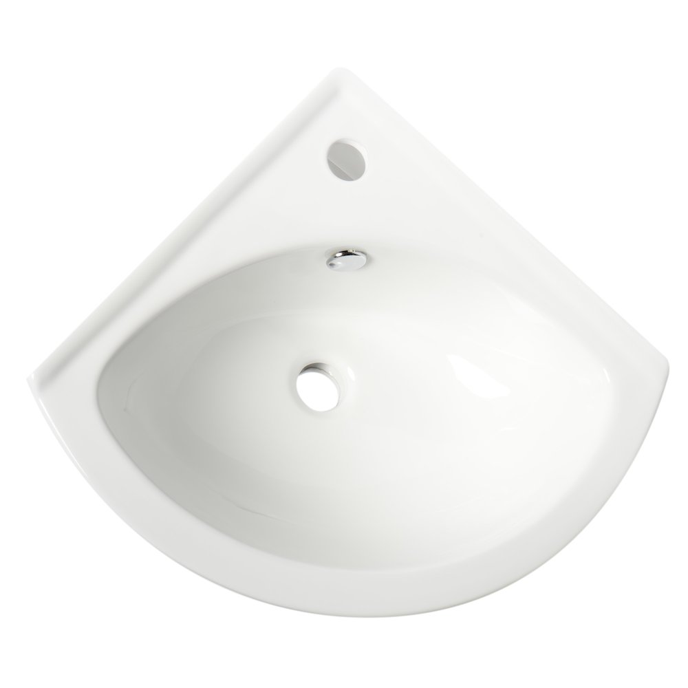 White 22" Corner Wall Mounted Ceramic Sink with Faucet Hole. Picture 5