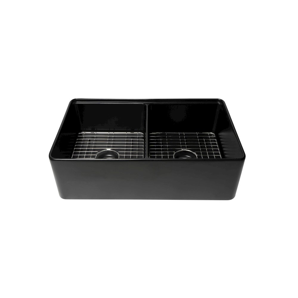 Black Matte Workstation 33" x 20" Double Bowl Step Rim Fireclay Farm Sink. Picture 3