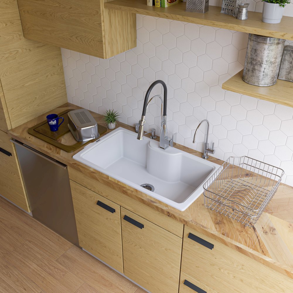 White 35" Drop-In Single Bowl Granite Composite Kitchen Sink. Picture 3