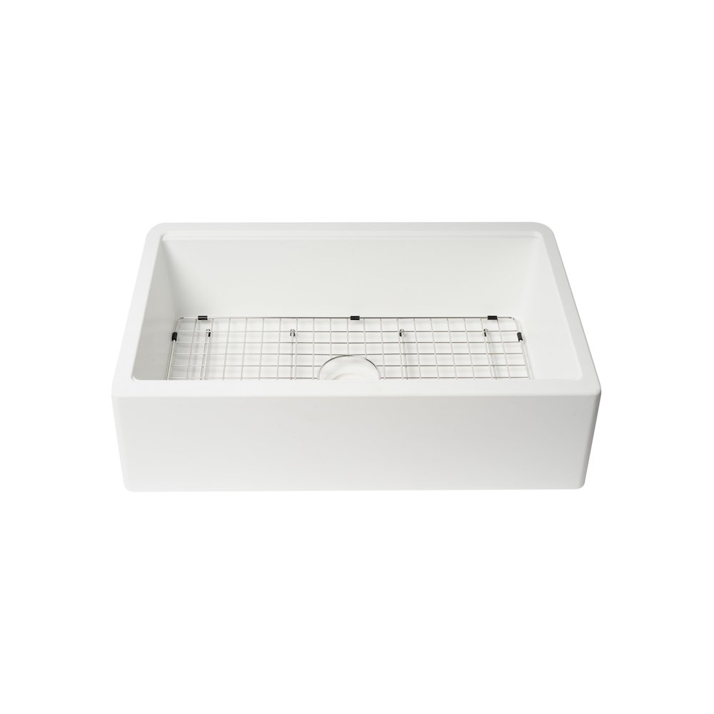 White 33" Granite Composite Single Bowl Drop In Farm Sink with Accessories. Picture 4