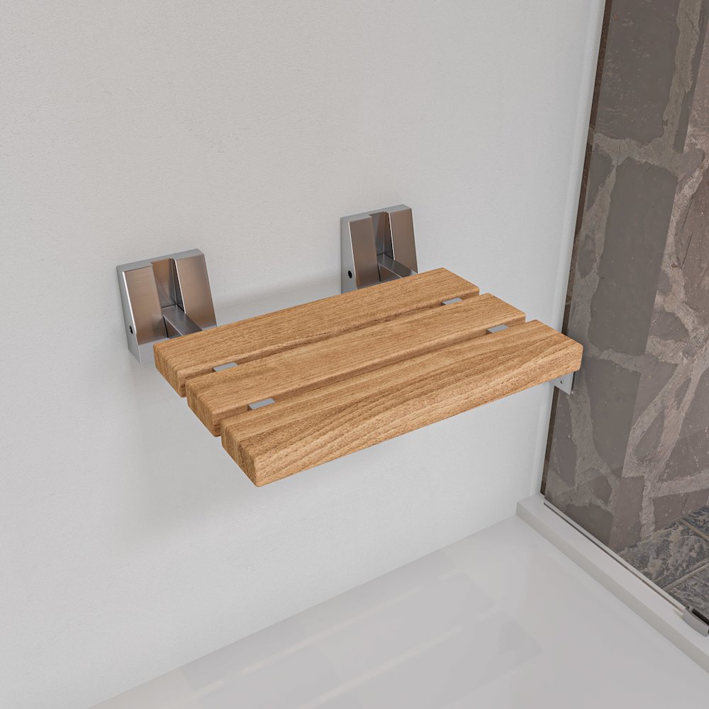 Brushed Nickel 16" Folding Teak Wood Shower Seat Bench. Picture 2