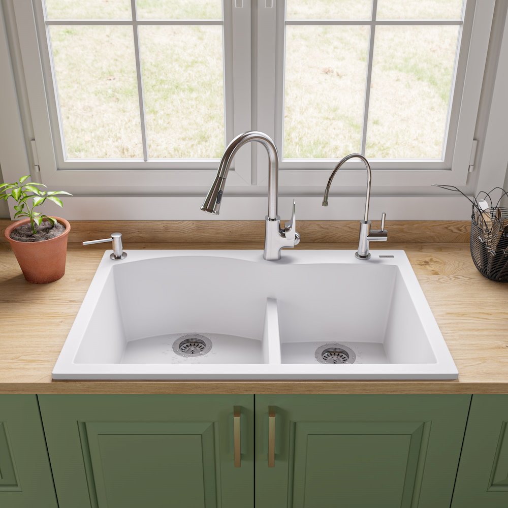 White 33" Double Bowl Drop In Granite Composite Kitchen Sink. Picture 3