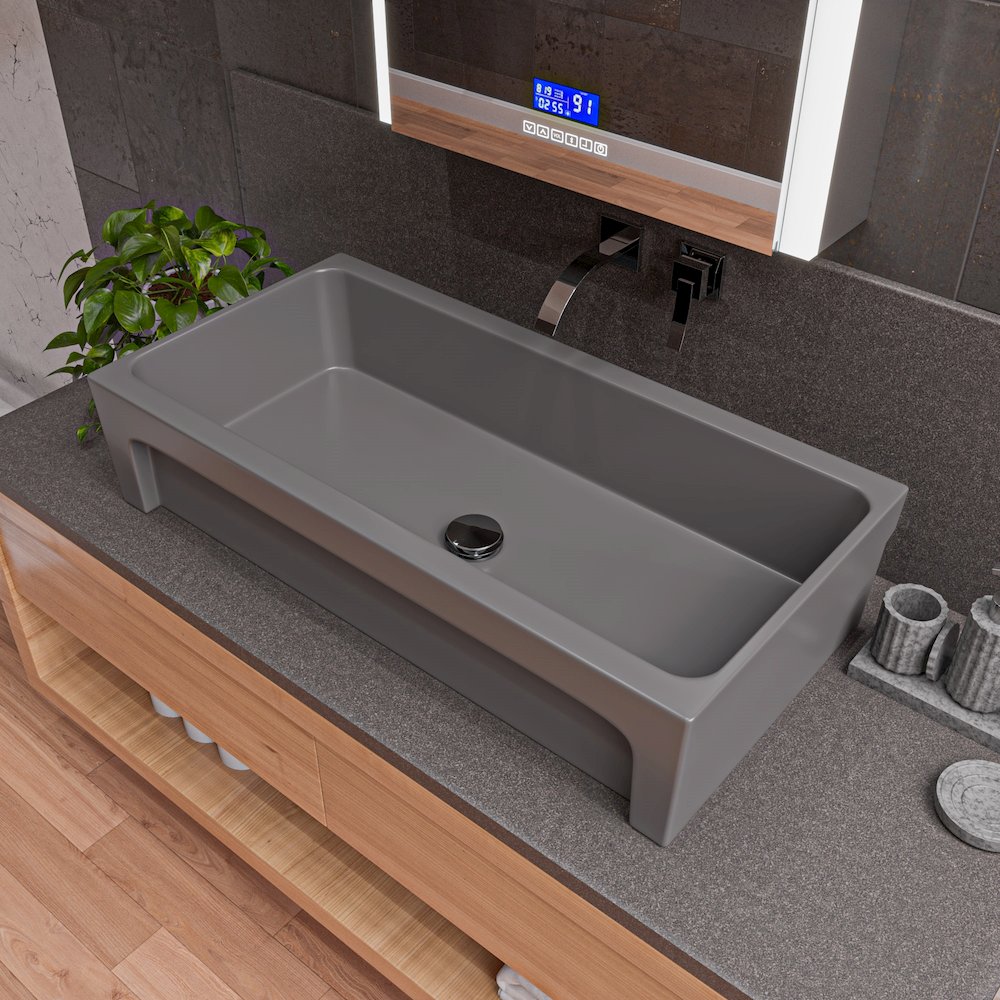 36" Grey Matte Above Mount Fireclay Bathroom Trough Sink. Picture 3
