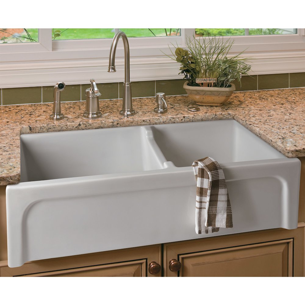 36" White Arched Apron Thick Wall Fireclay Double Bowl Farm Sink. Picture 7