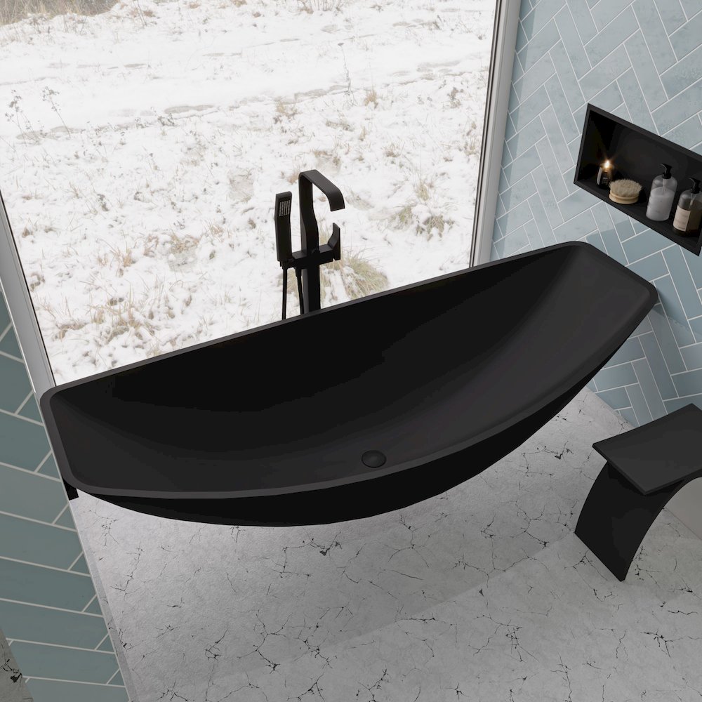 Black Matte 79" Acrylic Suspended Wall Mounted Hammock Bathtub. Picture 3