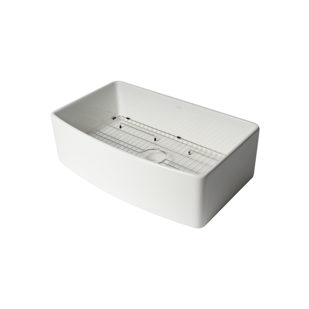 ALFI Brand White Smooth Curved Apron 33" x 20" Single Bowl Fireclay Farm Sink. Picture 1