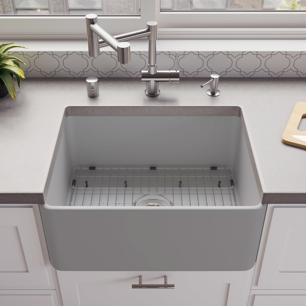 Gray Matte Smooth Apron 24" x 18" Single Bowl Fireclay Farm Sink. Picture 3