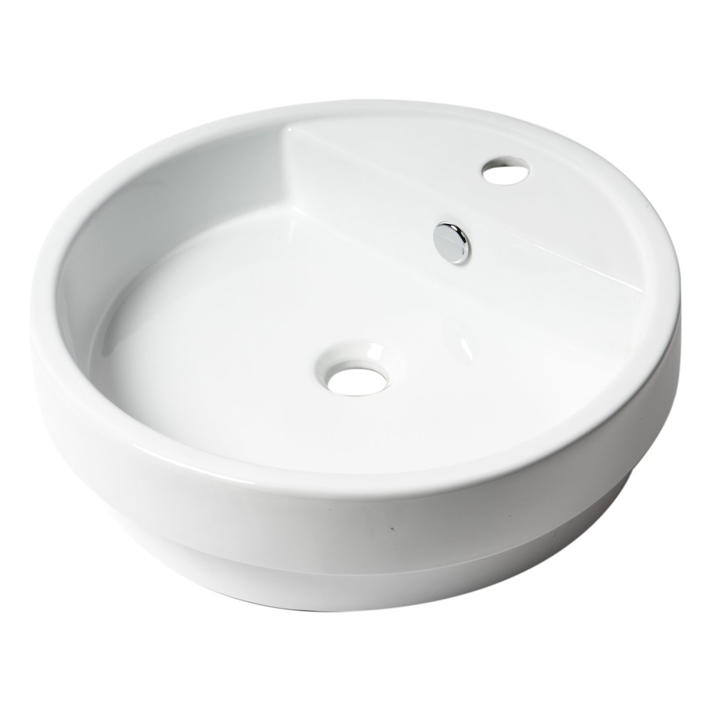 White 19" Round Semi Recessed Ceramic Sink with Faucet Hole. Picture 1