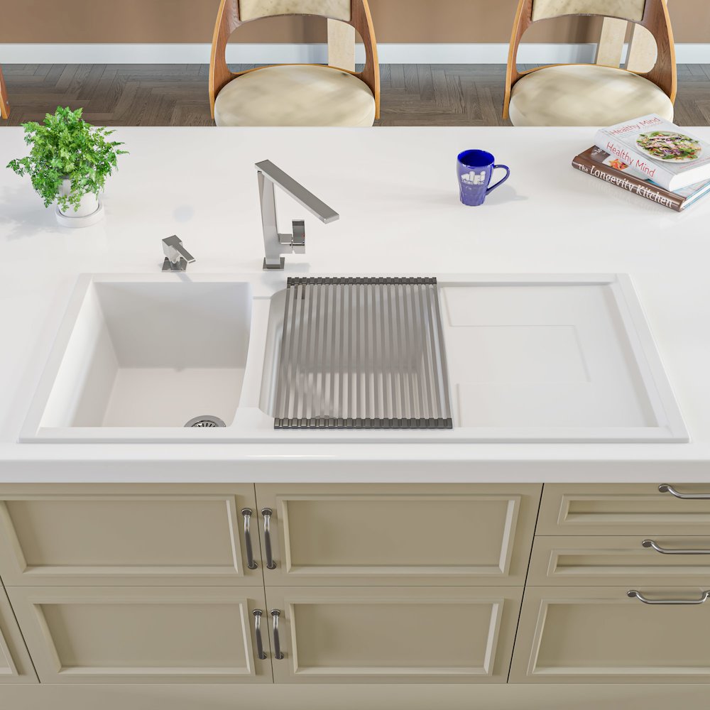 White 46" Double Bowl Granite Composite Kitchen Sink with Drainboard. Picture 3